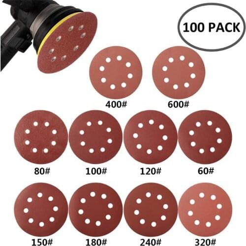 100pcs 125mm Round Shape Sanding Discs Hook Loop Sanding Paper Buffing Sheet Sandpaper 8 Hole Sander Polishing Pad Sandpaper(60