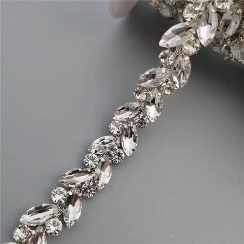 12 inch Silver Leaves Glass Crystal Chain Bling Rhinestone Trim Ribbon Necklace Decoration Wedding Dress Clothing Accessories