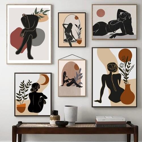 Abstract African Black Woman Body Line Palm Wall Art Canvas Painting Nordic Posters And Prints Pictures For Living Room Decor