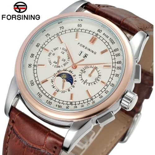Forsining Fashion Casual Multifunctional Automatic Mechanical Mens Watch Waterproof High Quality Leather Male Wristwatches