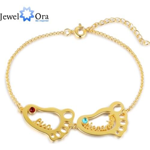 JewelOra Personalized Baby Feet Bracelet Custom Name & Birthstone for Girls Kids Birthday Gifts Adjustable Chain Jewelry