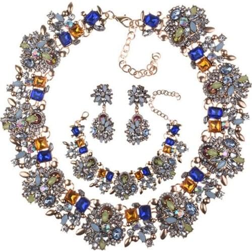 MIQIAO Gold Plated Luxury Boho Crystal Zircon Stone Collar Necklace Piercing Stud Earring Bangle Bracelet Jewelry Sets for Women