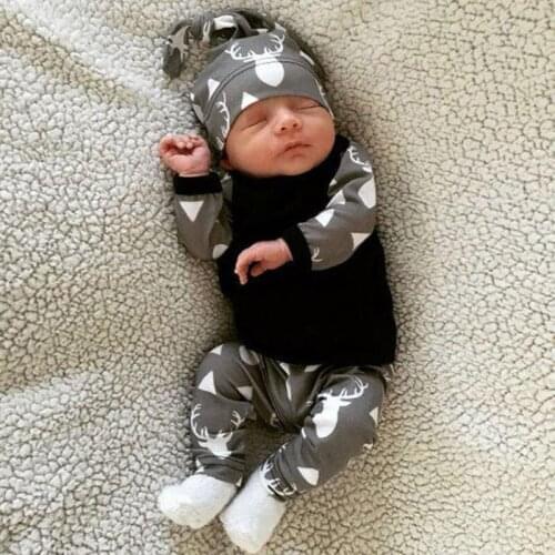 Baby Girl Boy Clothes 3 Piece Set Newborn Kid Toddler Deer Long Sleeve Cotton Top T-shirt +Long Pants +Hat Christmas Outfit