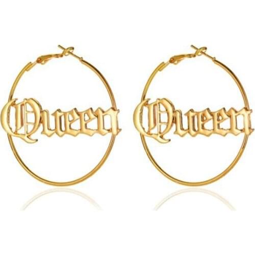 Exaggerated Large Round Letter Queen Hoop Earring Gold Silver Color Oversize Circle Huggies Earrings Ear Rings Jewelry for Women