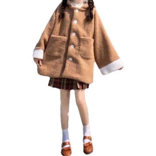 2021 Jacket Jacket Women Lolita Teddy Rabbit Ears Hooded Soft Girl Ruffle Faux Wool Coat Lambswool Plus Cotton Thick Outer New