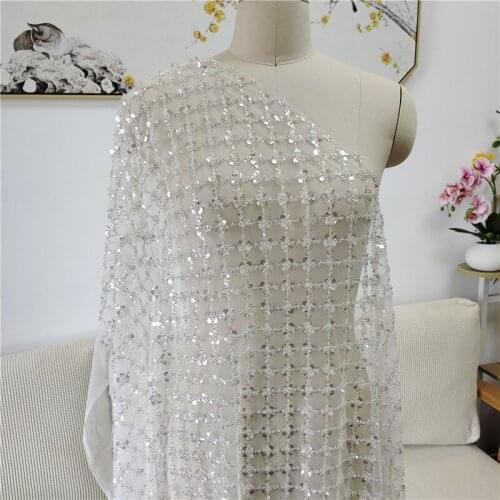 LASUI New luxury silver 3D plum grid beaded glitter embroidery fabric wedding cheongsam dress fabric DIY handmade X0833