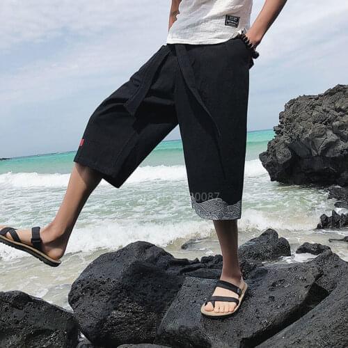 Summer Asian Harajuku Japanese Fashion Clothing Chinese Style Linen Shorts Men Retro Linen Plus Size Wide Leg Casual Surf Pants