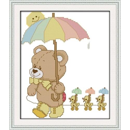 The little bear with umbrella cross stitch kit 14ct 11ct count print canvas stitches embroidery DIY handmade needlework plus