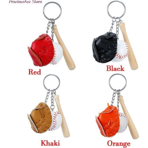 Mini Three Piece Baseball Glove Wooden Bat Keychain Sports Car Key ChainRing Gif For Kids