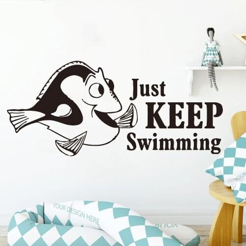 Cartoon Fish Wall Sticker Just Keep Swimming Inspirational Quotes Vinyl Wall Decals Home Decoration Nursery Children Room Z095
