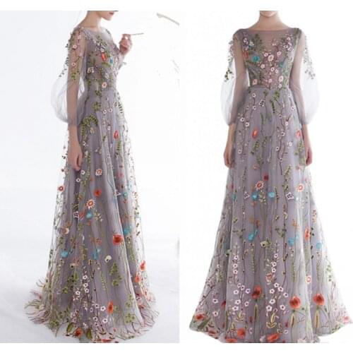 New Womens Long Sleeves Boho Prom Dresses Floral Embroidery A-line Evening Formal Party Gowns Pageant Dress Vestios De Noiva