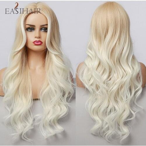 EASIHAIR Long Synthetic Ombre Blonde Body Wave Wigs for White Women Cosplay Wigs Middle Part Natural Hair Heat Resistant Fiber