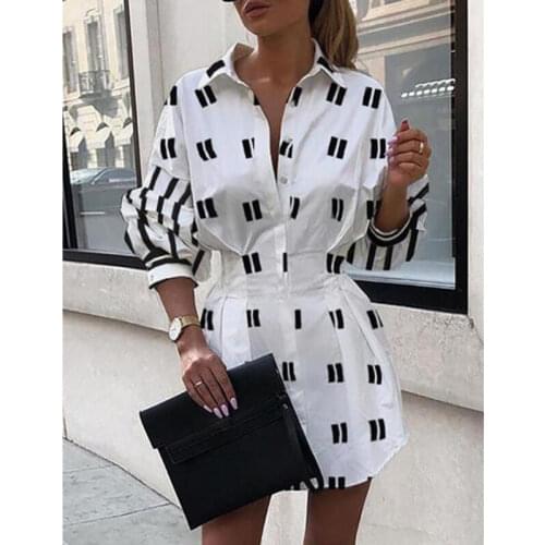 Women New Shirts Dresses Letter Print Sexy White Long Sleeve Turn Down Solid Mini Dress Office Lady Autumn Elegant Wear