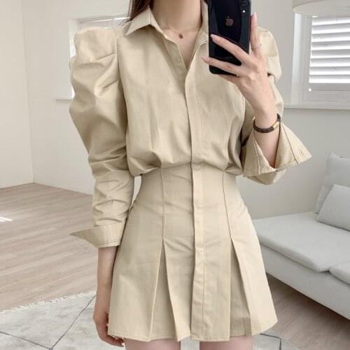 Chic Shirts Dress Woman High Waist White Solid Puff Sleeve Clothing Women Vestido Korean Elegant Party Dresses Women Clothes