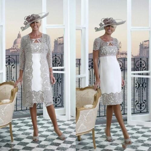 2019 New Plus Size Mother of The Bride Dresses with Lace Jacket Tea Length Short Sleeves Wedding Guest Dresses