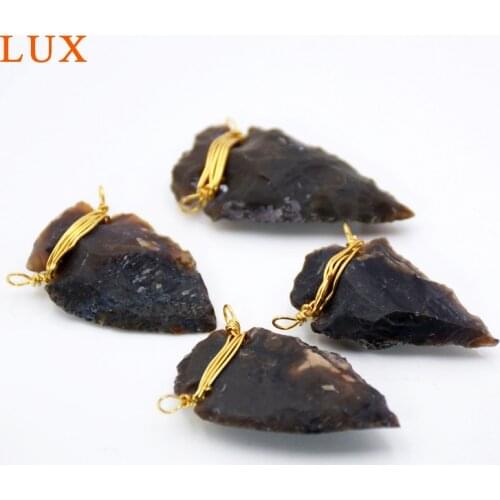 Wire Wrapped Raw Natural Jaspers Obsidian Stones Arrowhead Connector Pendant Brown black Arrow Charm handmade craft Jewelry