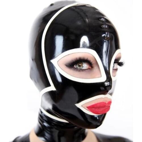 Sexy lingerie cekc women girl club party drama black latex handmade hoods hood mask with white trim zentai fetish customize size