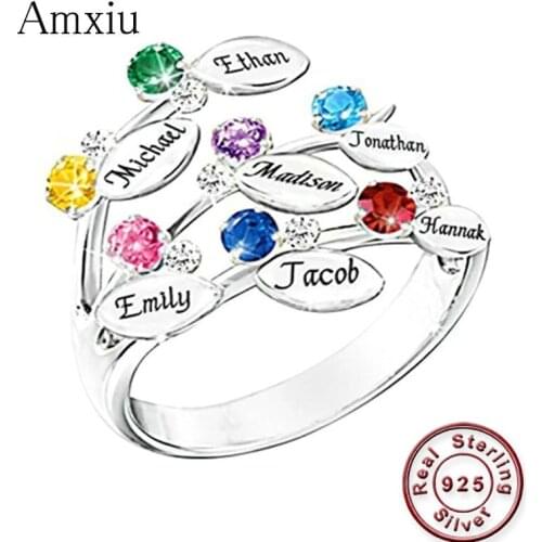 Amxiu Custom 100% 925 Sterling Silver Ring Engrave Seven Names Rings with Birthstones Family Mothers Day Gift Friends Jewelry