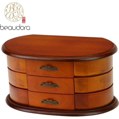 BEAUDORA Real Wood Jewelry Box Ballerina Music Jewellery Organizer Oval Shape Flank Storage Compartments