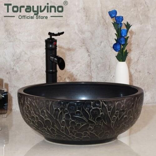 Lavatory Bathroom Sink Ceramic Vanity Sink Set Brass Faucet Mixer Golden Tap Wash Basin Set Mixer Bamboo Waterfall Basin Taps