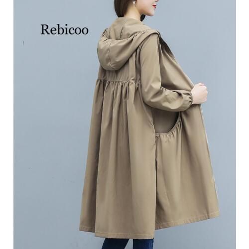 Spring and Summer New Hooded Straight Trench Coat Womens Long Loose Size Joker Coat Zipper Womens Trench Coat
