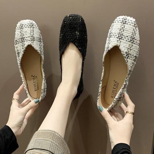 Female elegant Literary Women Square head comfortable Flat Slip on Shoes Plaid Ladies Shoes Black Loafers Ladies shoes U25-31