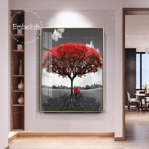 Embelish 1 Pieces Long Bench Under Red Tree Landscape Modern Home Decor Pictures For Living Room Wall Posters HD Canvas Painting
