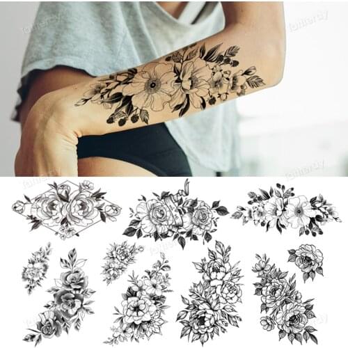 Temporary tattoo women waterproof fake tattoo sticker flowers sketch line big sleeve tattoo rose peony sunflower sexy body art