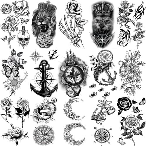 3D Black Anchor Rose Flower Temporary Tattoos For Women Adult Men Compass Skull Lion Moon Fake Tattoo Body Art Hand Small Tatoos