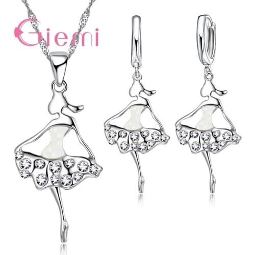 Top Grade New 925 Sterling Silver Necklace Earrings Jewelry Set Shiny Crystal Dress Ballet Dancing Girl Wedding Gift