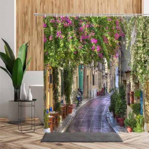 3D Street View Shower Curtain European Town Architecture Landscape Flowers Plant Bathroom Curtains Bathtub Decoration With Hooks