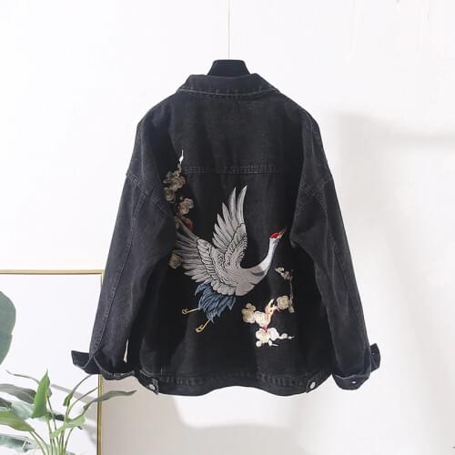 Crane Embroidery Denim Jacket Women Outerwear Harajuku Loos Short Jeans Jacket Female Streetwear Vintage Blue Black Denim Coat
