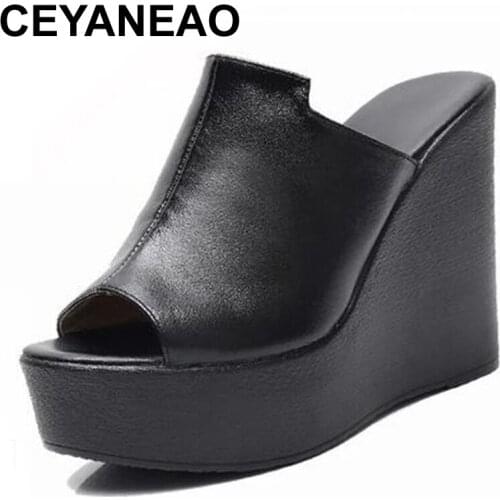 CEYANEAO 2021New Fish Mouth Cowhide Summer Slippers Wedges Platform Sandals Women Heighten Shoes High Heel Slippers Sandals