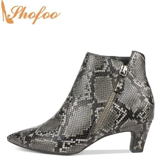 Black Snake High Block Heels Animal Print Pointed Toe Woman Ankle Boots Zip Large Size 13 16 Ladies Fashion Booties Shoes Shofoo