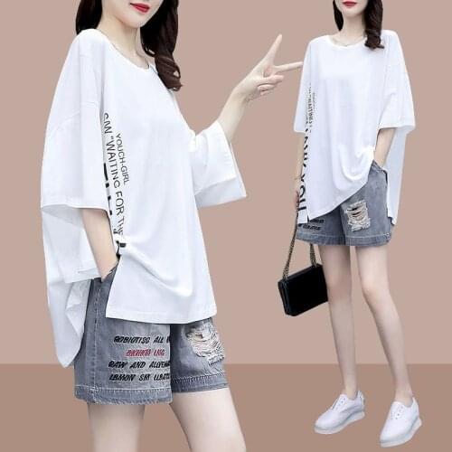 Womens Suits 2021 Summer New Korean Loose Large Size Fashion Casual Denim Shorts Woman Tshirts Two Piece Sets Goth Punk Clothes