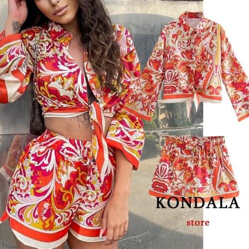 Za 2021 Women Chic Red Floral Print Sets 2 Pieces Oversized V Neck Sashes Women Shirts and High Waist Wide Leg Shorts Indie Folk