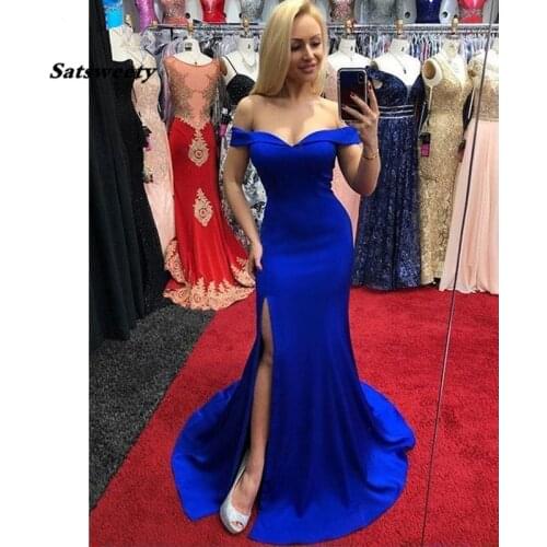 Royal Blue Prom Dresses 2021 V-Neck Off the Shoulder Satin Party Maxys Split Long Evening Gown Custom Made Mermaid Prom Dress