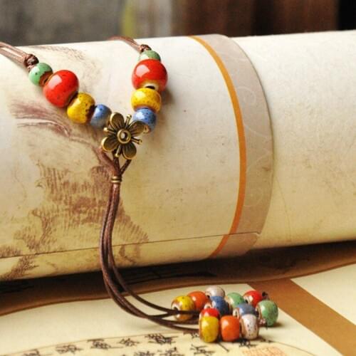 Women Flower Necklace Ceramic Pendants Long Tassel Beaded Statement Charm Braided Rope Link Chain Fashion Jewelry Accessories
