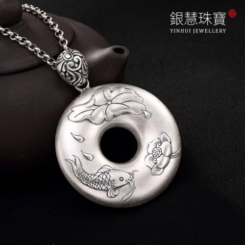 100% 999 sterling silver carp lotus heart sutra natural pendant safe round necklace men necklaces women pendants