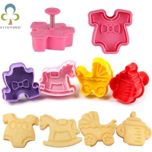 4pcs Stamp Biscuit Mold 3D Cookie Plunger Cutter Trojan Pastry Decorating DIY Food Fondant Baking Mould Baby Shower Style GYH