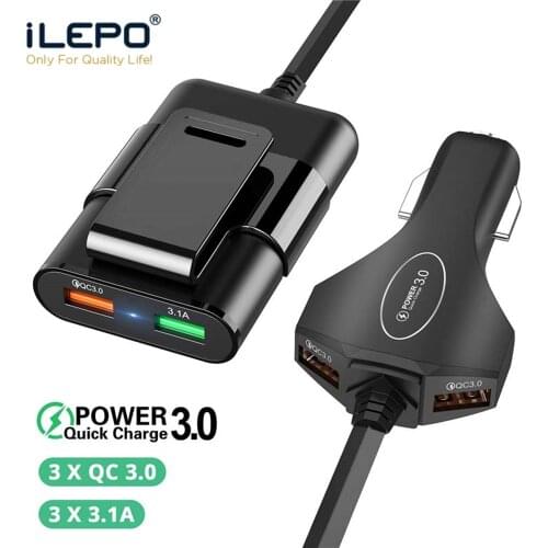 ILEPO 4 Ports Multi USB QC 3.0 Car Charger Quick Charge Adapter Portable Plug Mobile Phone Car Front Backseat Clip Fast Charging