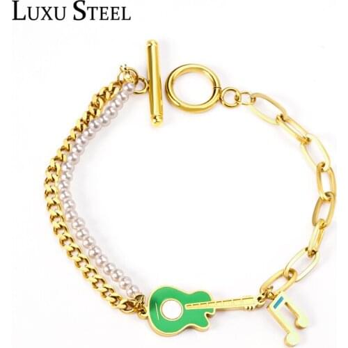 LUXUSTEEL Stainless Steel OT Lobster Clasp Chains Bracelets Gold Color New Arrivals Violin Note Imitation Pearl Layer Bracelets