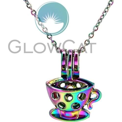 CC942 Rainbow Coffee Cup Beads Cage Pendant Essential Oil Diffuser Oyster Pearl Cage Locket Necklace