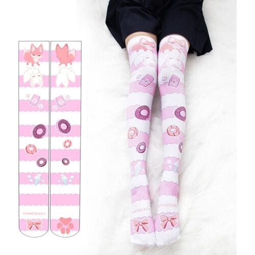 Kawaii Doughnuts Fox Printed Stockings with Cat Paw Anime Lolita Socks Cute Japanese Coplay Thigh High Over the Knee Stocking