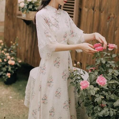 COIGARSAM Vintage Lace Women One-Piece Dress Korean Floral Print Dresses White Flower F8006