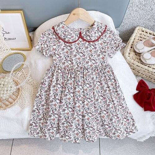Girls Vintage Floral Dress 2021 Summer Kids Lapel Puff Sleeve Princess Dresses 3 4 5 6 7 Years Children vestidos Baby Clothes
