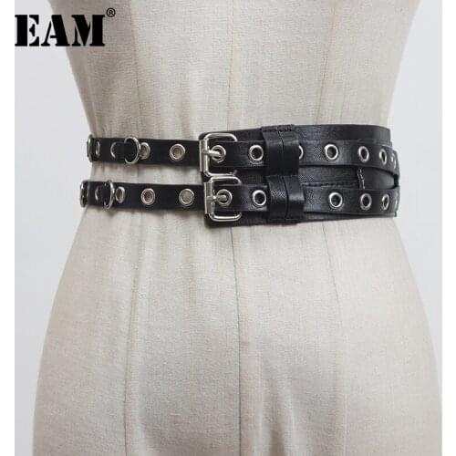 [EAM] Pu Leather Black Irregular Split Buckle Long Wide Belt Personality Women New Fashion Tide All-match Spring 2021 1Z435