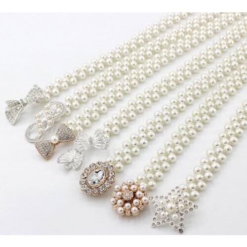Elegant Women Pearl Belt Waist Belt Elastic Buckle Pearl Chain Belt Female Girls Dress Crystal Strap