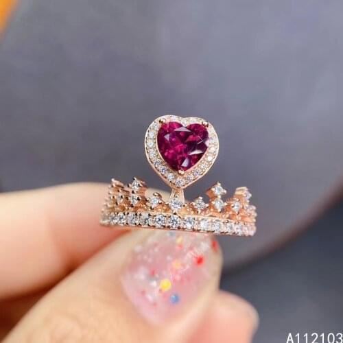 KJJEAXCMY fine jewelry 925 sterling silver inlaid Natural pyrope garnet Girl fashion crown heart Chinese style ring support test
