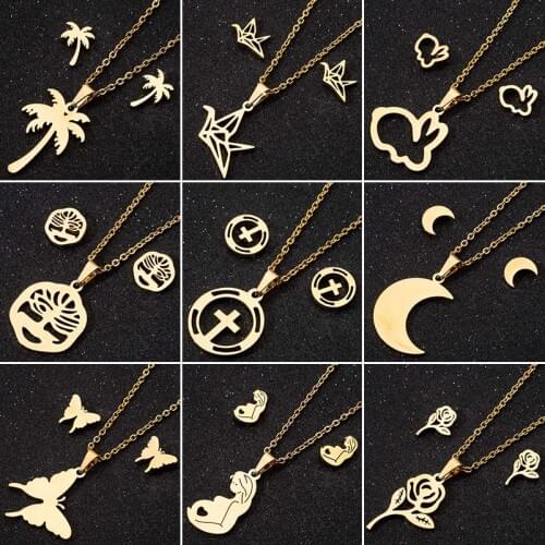Jisensp Gold Stainless Steel Jewelry Sets for Women Bird Pendant Animal Rabbit Butterfly Necklace Stud Earrings Collares Mujer